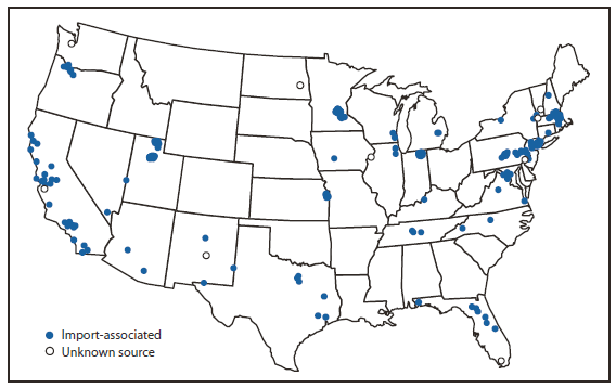 The figure shows the origin of reported measles cases in the United States during 2011. During 2011, a provisional total of 222 measles cases were reported from 31 states.